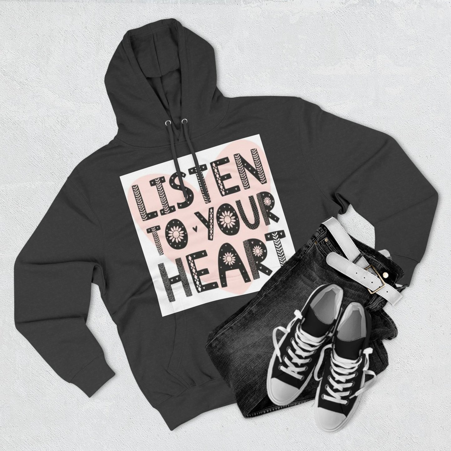 RDK Unisex Listen To Your Heart Printed Three-Panel Fleece Hoodie Jumper Hood