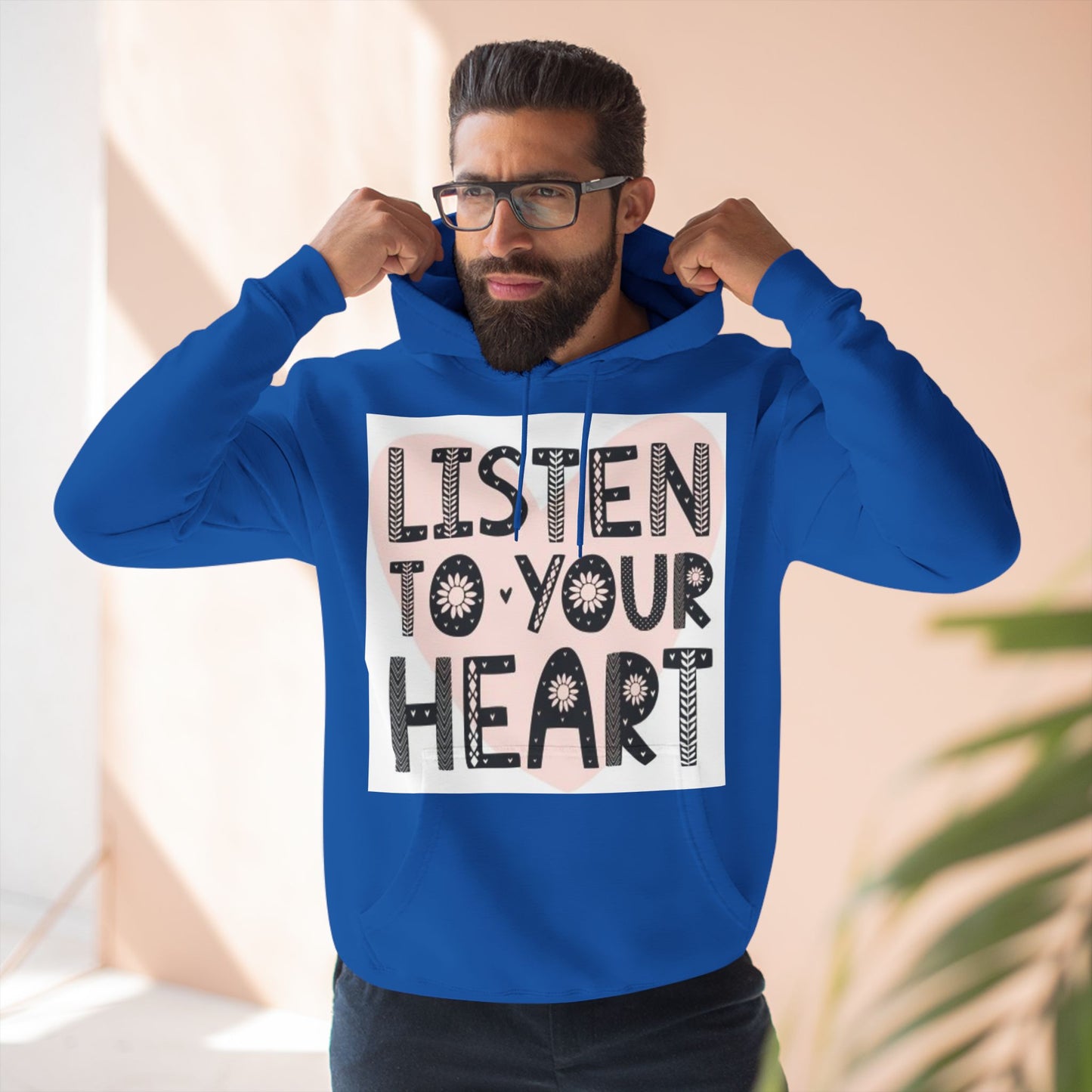 RDK Unisex Listen To Your Heart Printed Three-Panel Fleece Hoodie Jumper Hood