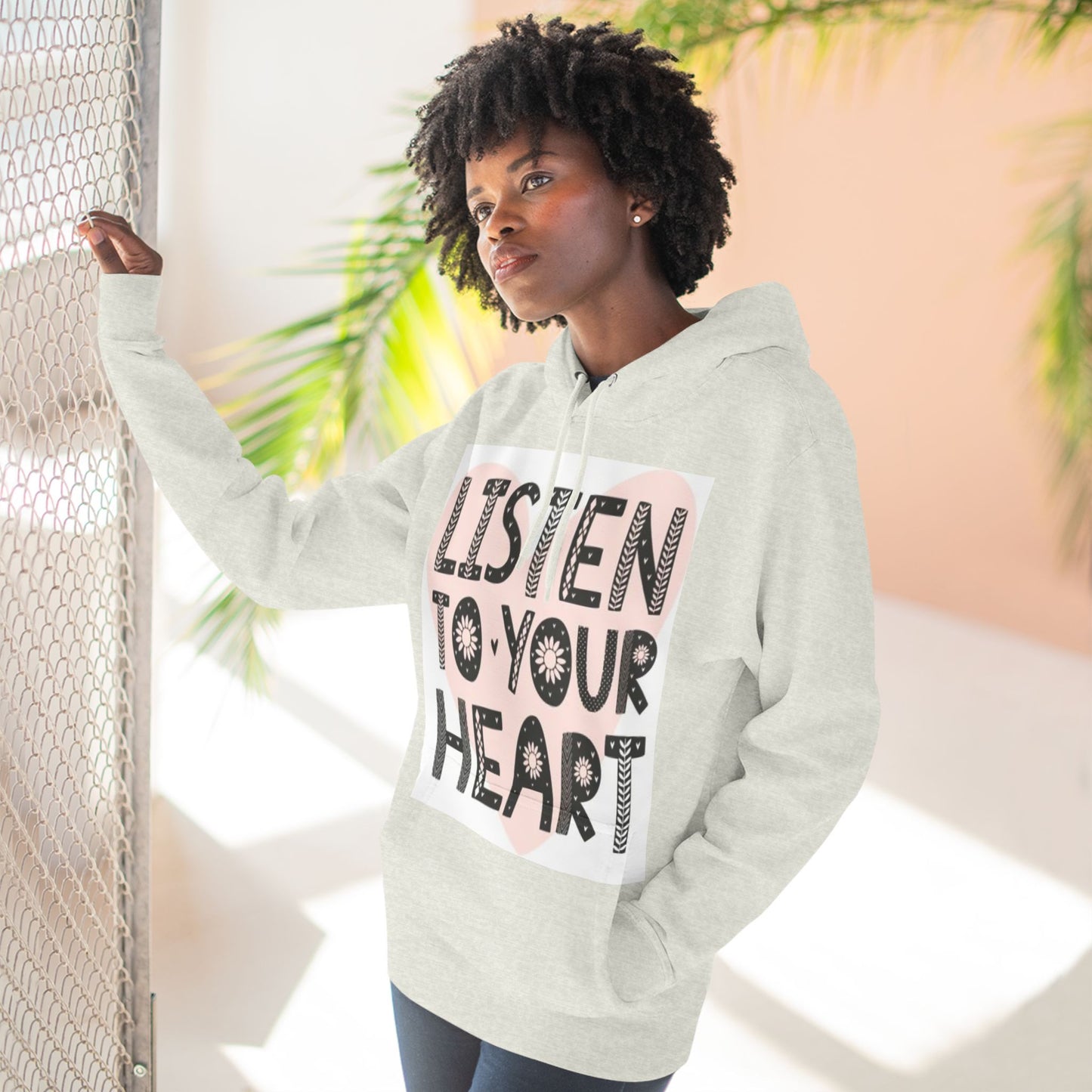 RDK Unisex Listen To Your Heart Printed Three-Panel Fleece Hoodie Jumper Hood