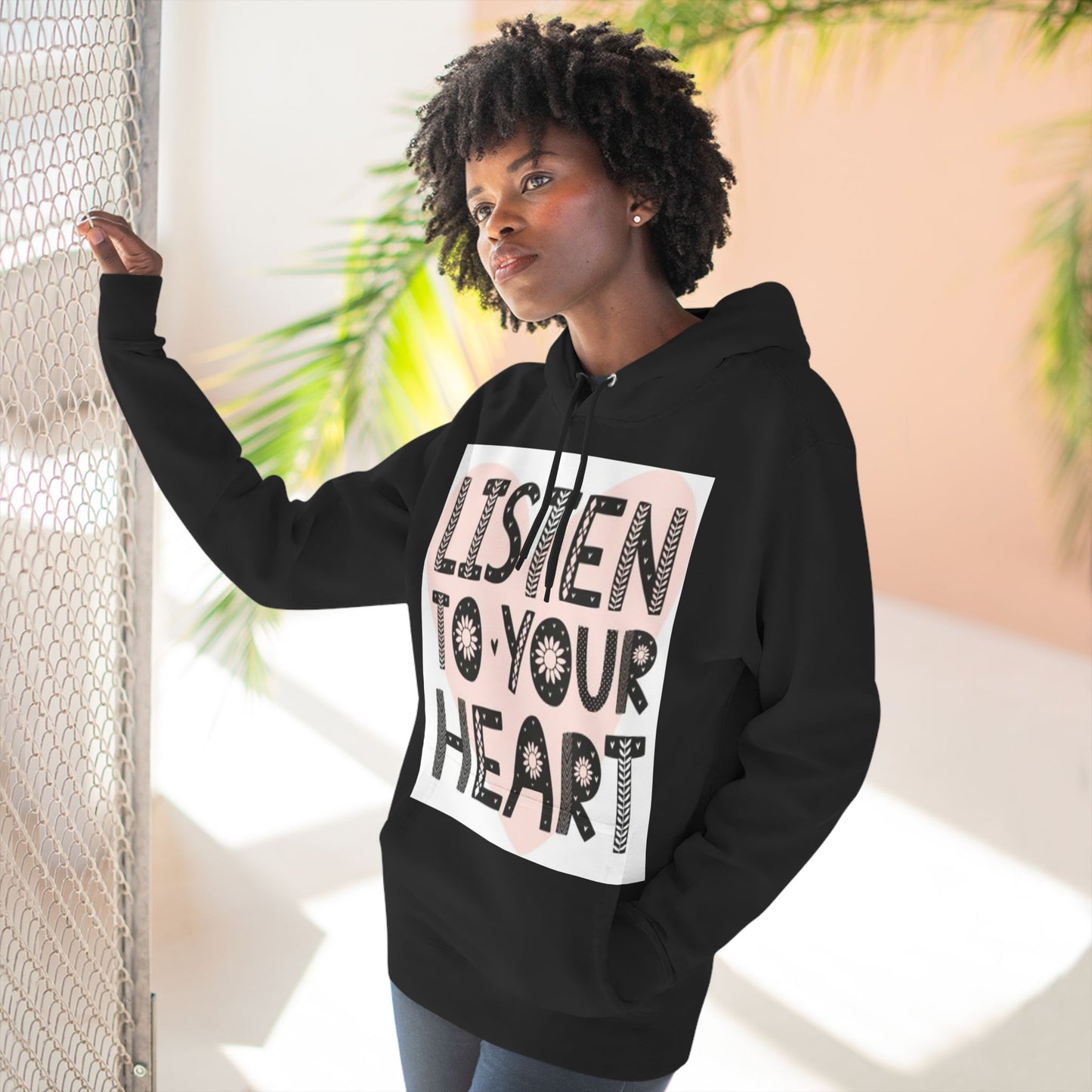 RDK Unisex Listen To Your Heart Printed Three-Panel Fleece Hoodie Jumper Hood