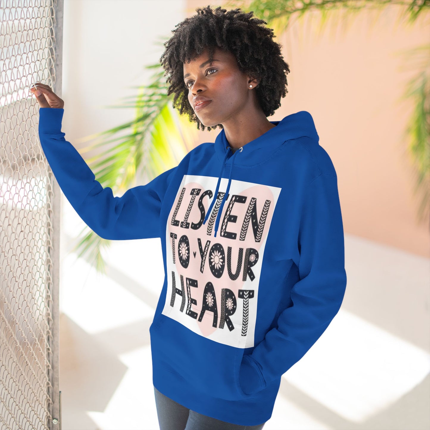 RDK Unisex Listen To Your Heart Printed Three-Panel Fleece Hoodie Jumper Hood