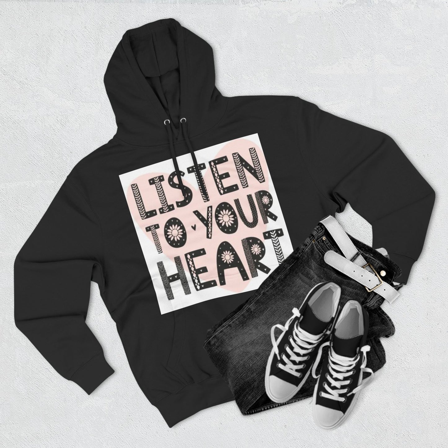 RDK Unisex Listen To Your Heart Printed Three-Panel Fleece Hoodie Jumper Hood