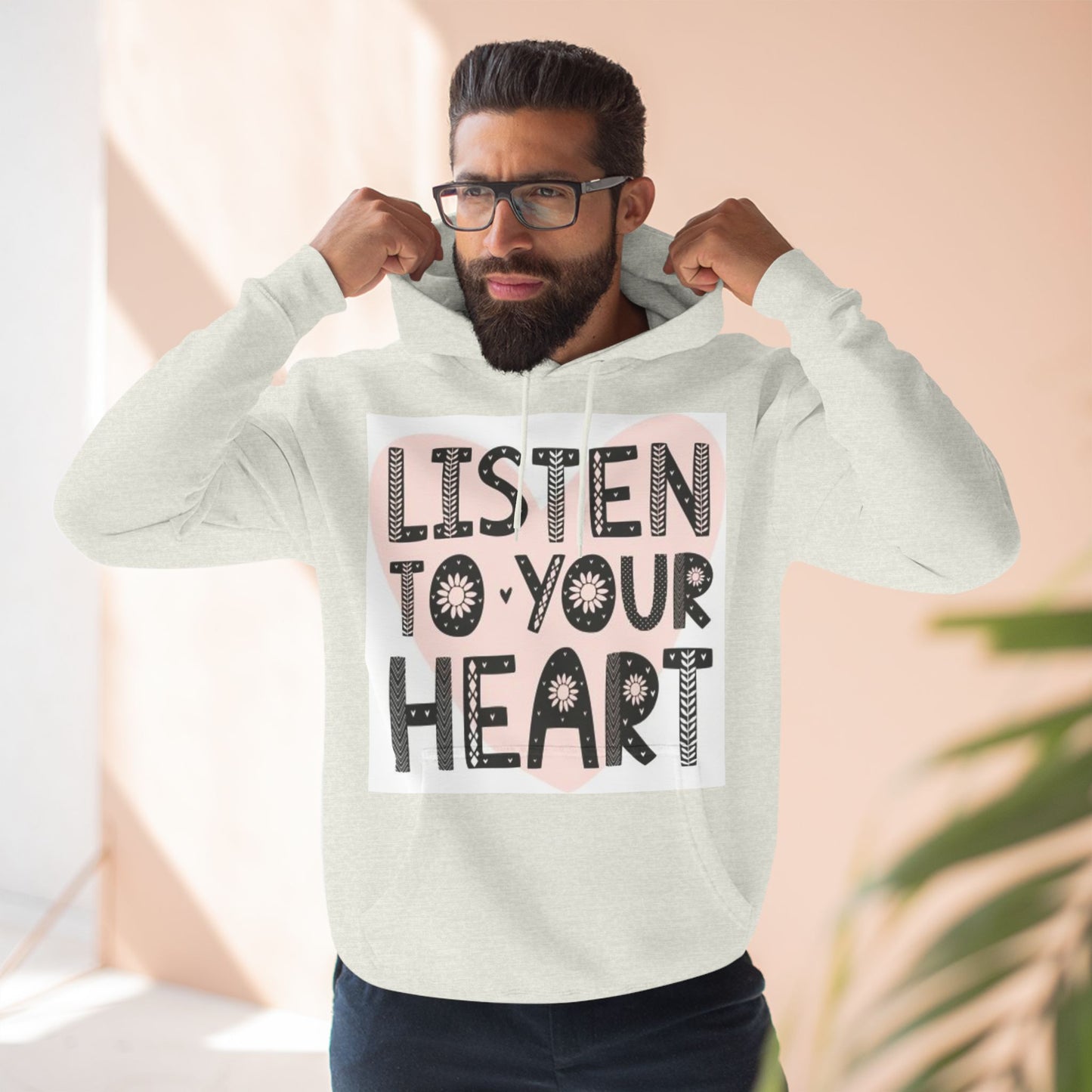 RDK Unisex Listen To Your Heart Printed Three-Panel Fleece Hoodie Jumper Hood