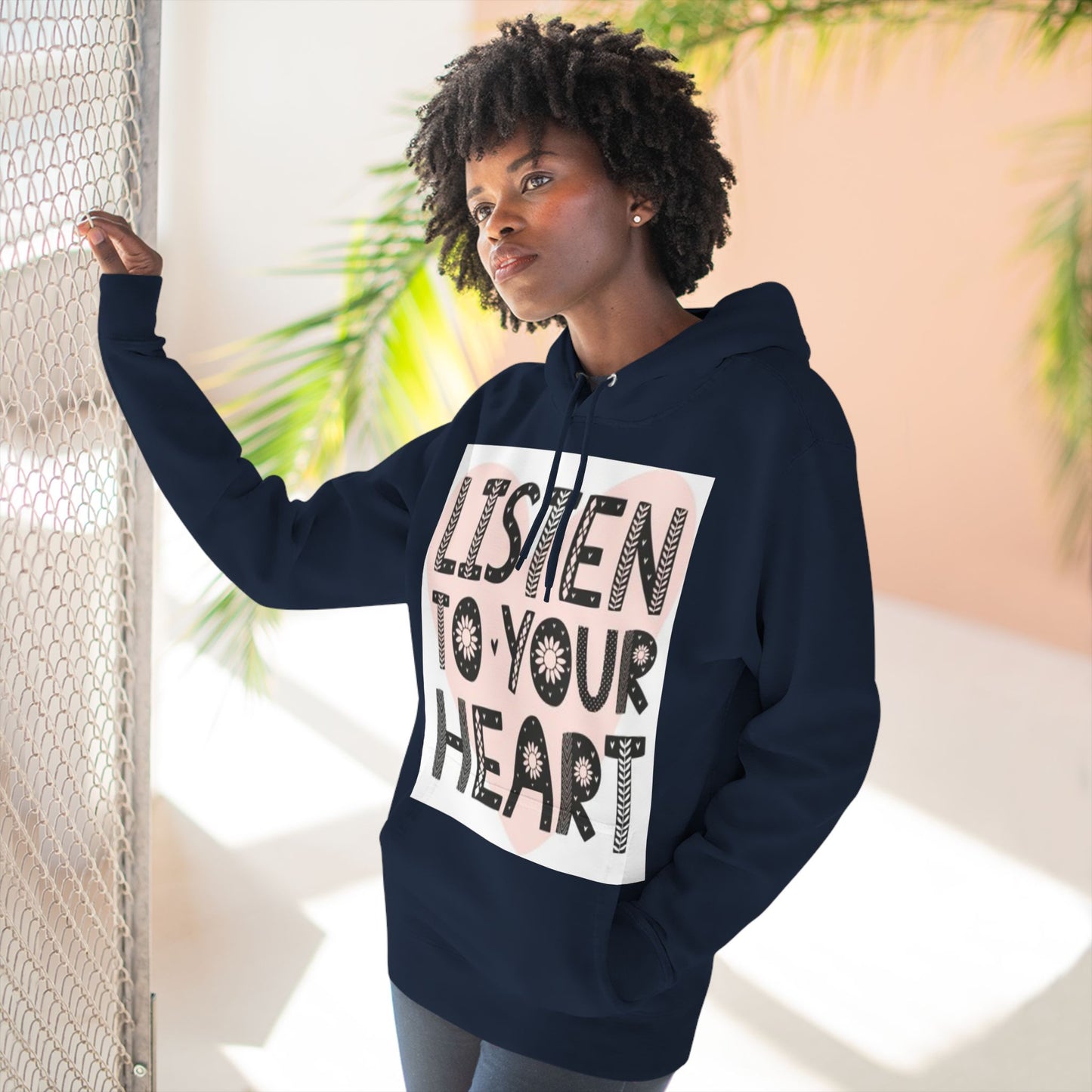 RDK Unisex Listen To Your Heart Printed Three-Panel Fleece Hoodie Jumper Hood