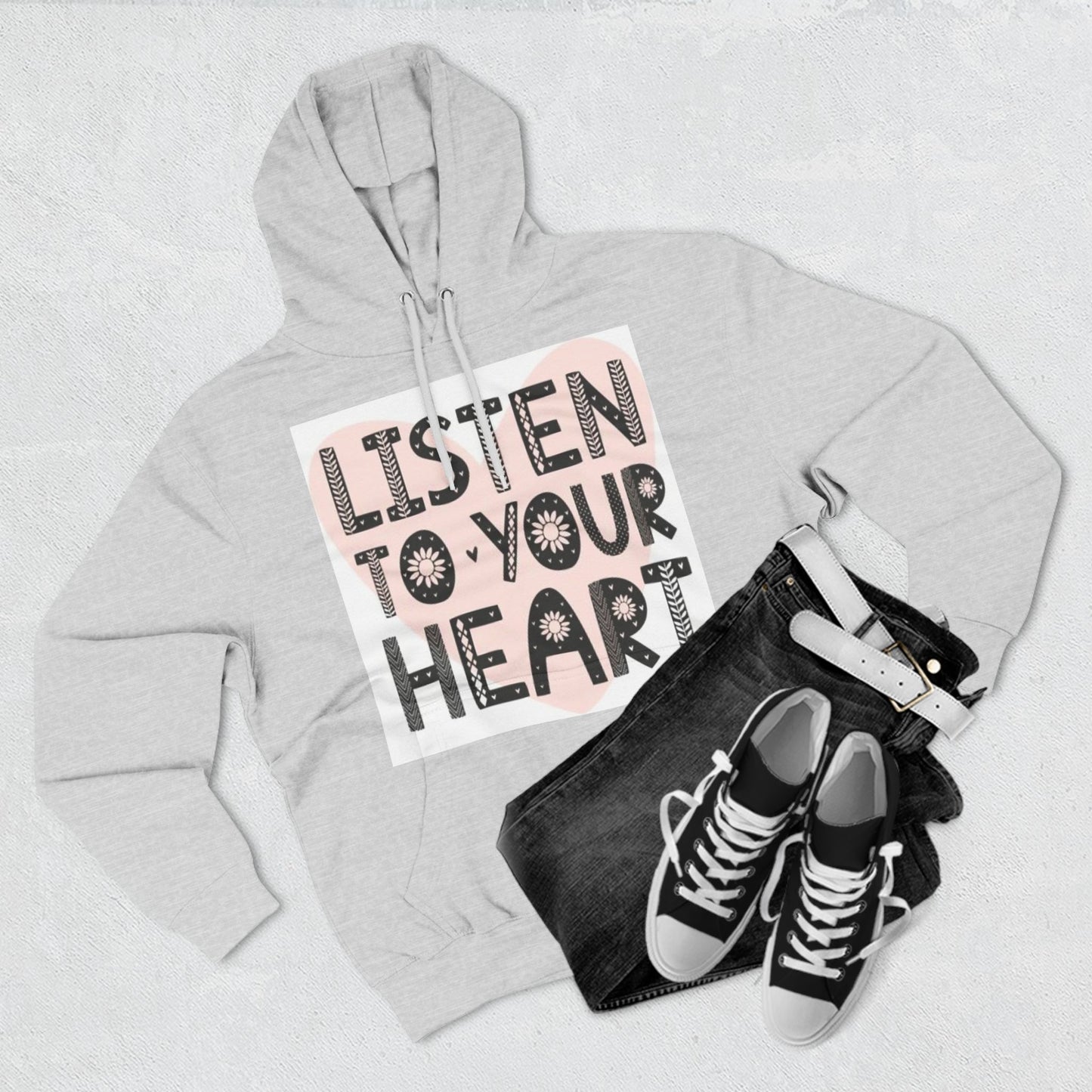 RDK Unisex Listen To Your Heart Printed Three-Panel Fleece Hoodie Jumper Hood