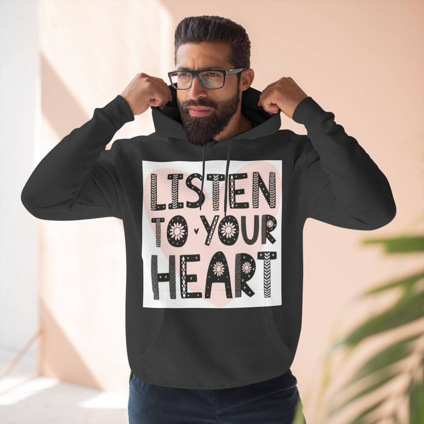 RDK Unisex Listen To Your Heart Printed Three-Panel Fleece Hoodie Jumper Hood