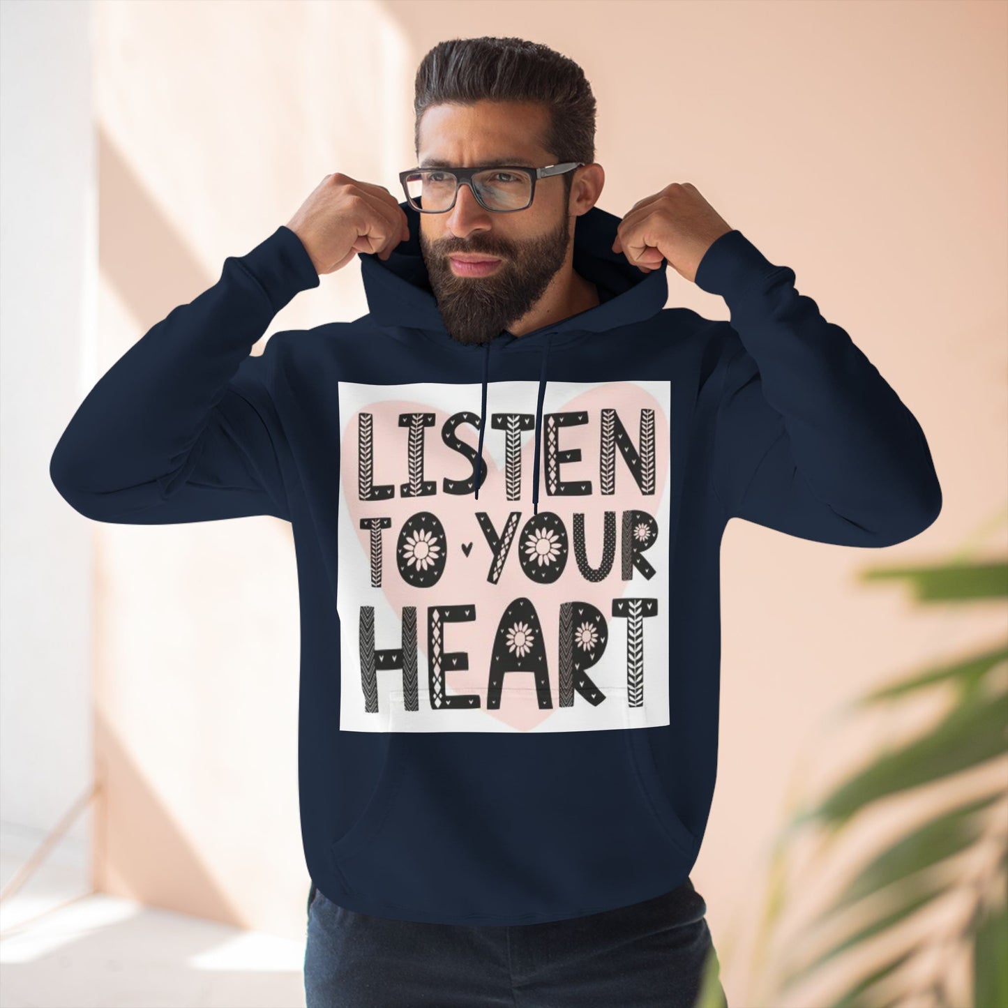 RDK Unisex Listen To Your Heart Printed Three-Panel Fleece Hoodie Jumper Hood