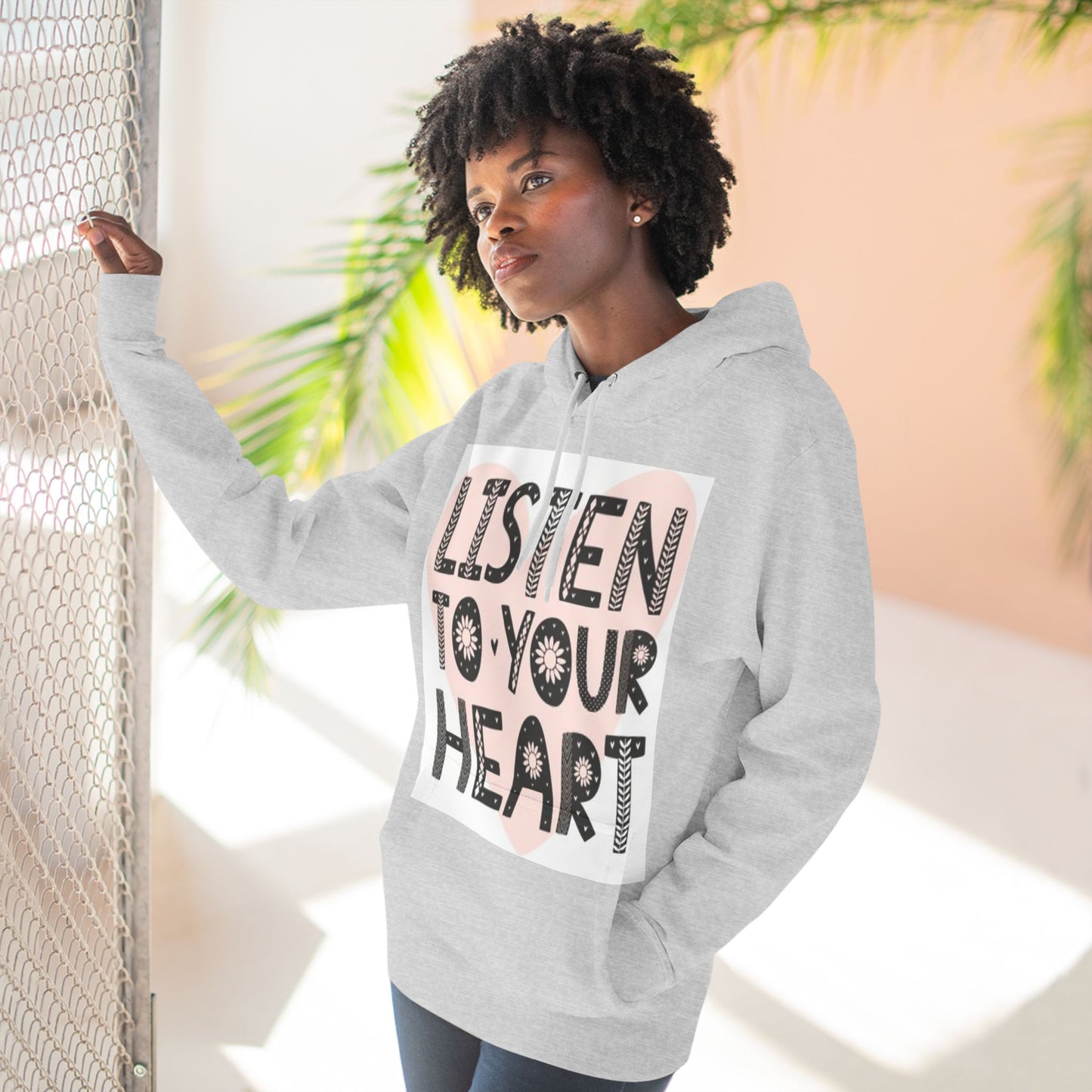 RDK Unisex Listen To Your Heart Printed Three-Panel Fleece Hoodie Jumper Hood