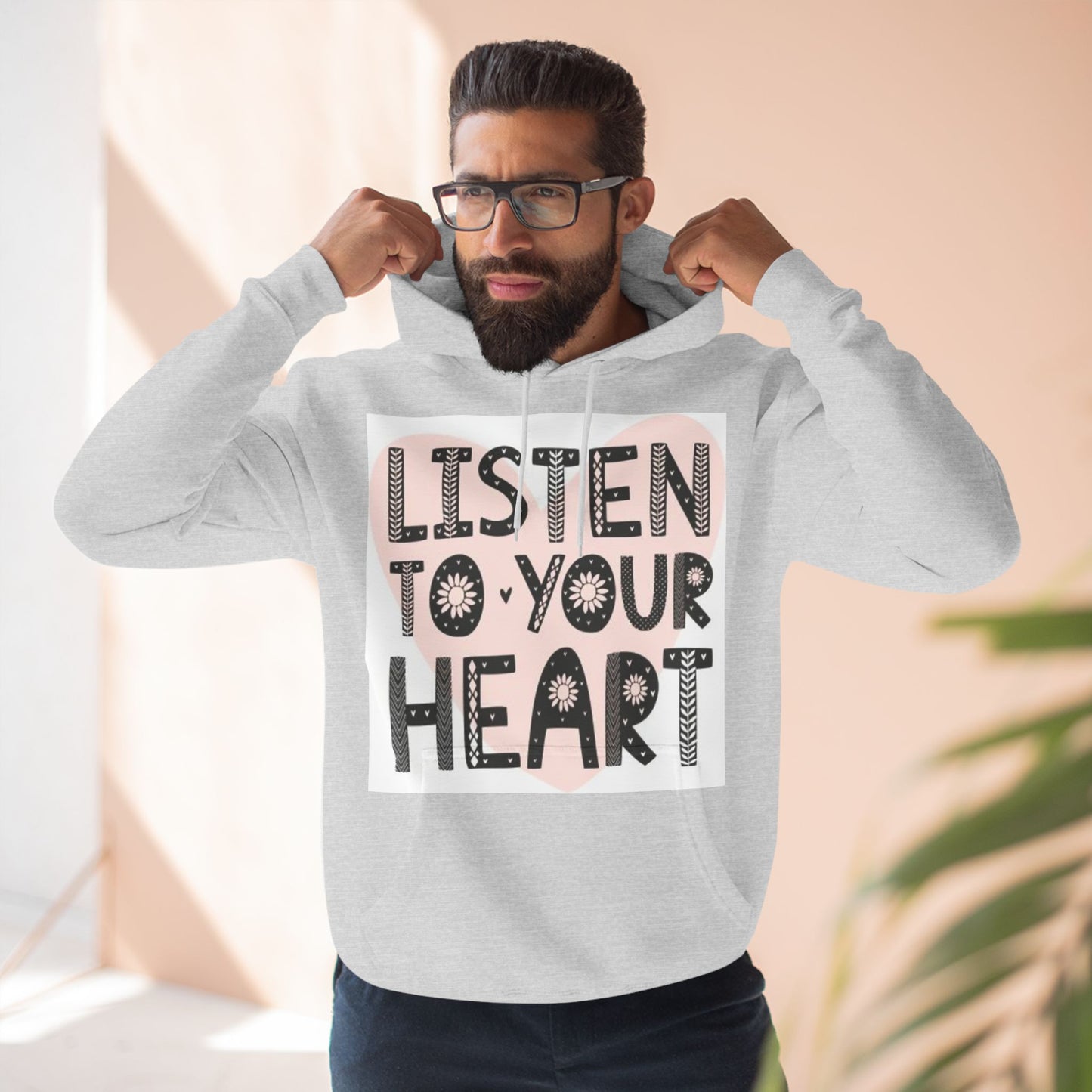 RDK Unisex Listen To Your Heart Printed Three-Panel Fleece Hoodie Jumper Hood