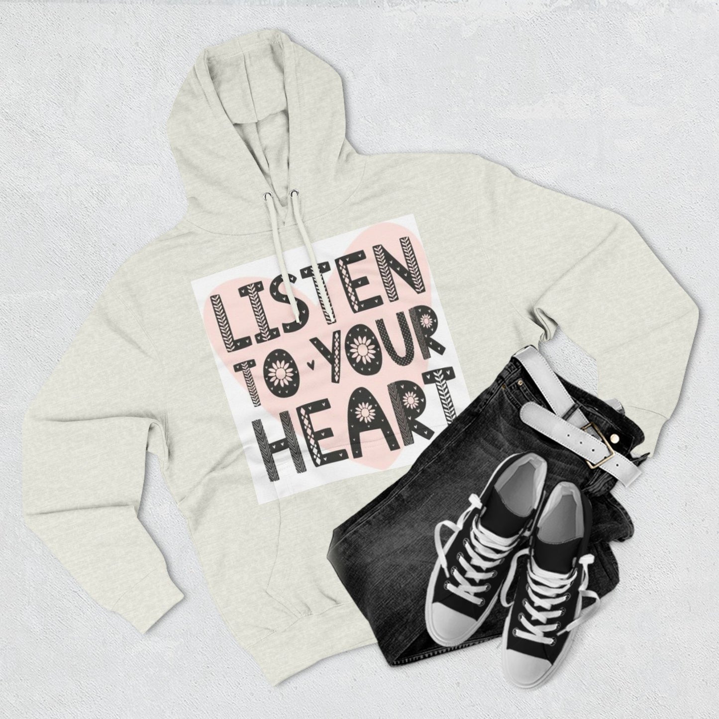 RDK Unisex Listen To Your Heart Printed Three-Panel Fleece Hoodie Jumper Hood