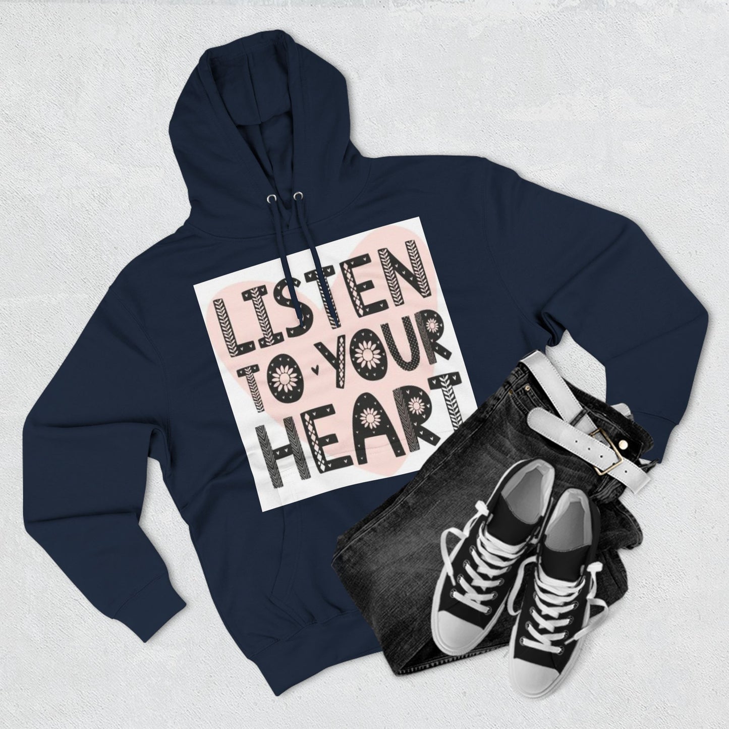 RDK Unisex Listen To Your Heart Printed Three-Panel Fleece Hoodie Jumper Hood