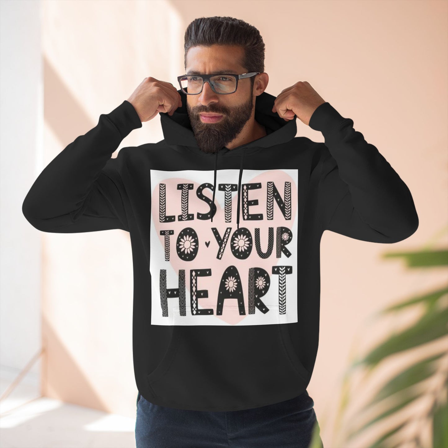 RDK Unisex Listen To Your Heart Printed Three-Panel Fleece Hoodie Jumper Hood