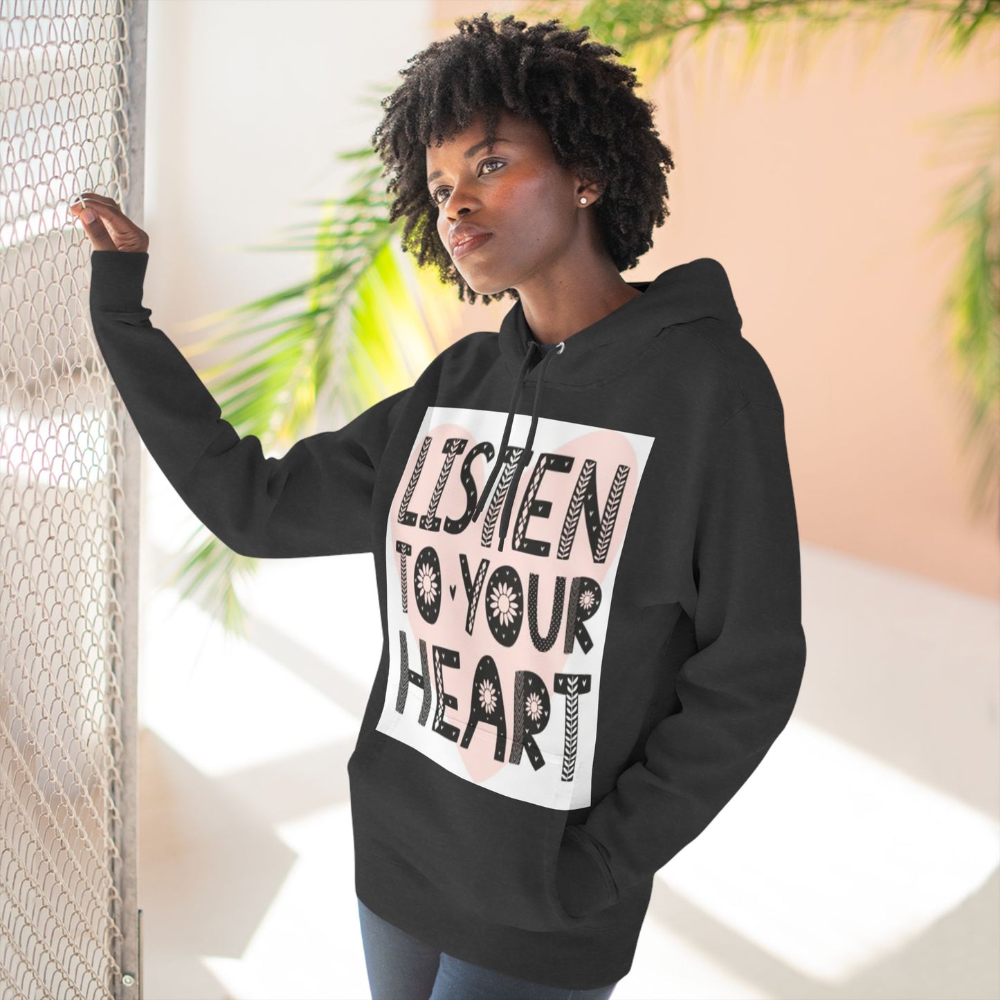 RDK Unisex Listen To Your Heart Printed Three-Panel Fleece Hoodie Jumper Hood